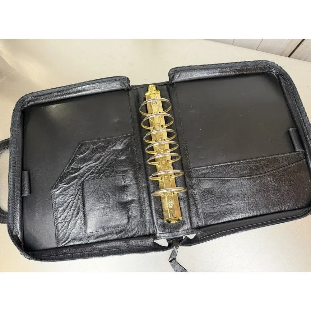 Vintage Full Grain Leather Planner Classic Black Handles Full Zip Organizer